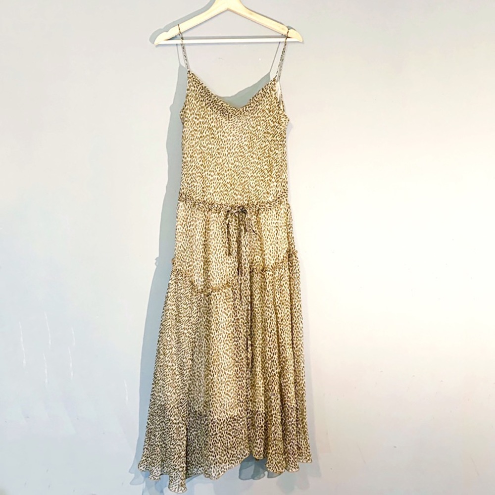 Nine West Animal Print Midi Dress 100% Silk Vintage Tiered Size 12 Brown
